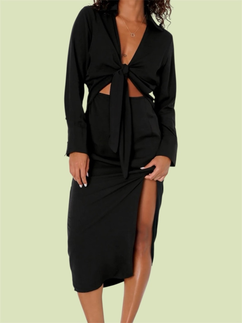 Lulus Long Story Shirt Black Long Sleeve Tie-Front Midi Dress
